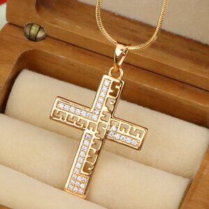 "Rose Gold Cross Pendant with Greek Key Design and Sparkling Stones, XPPT1610